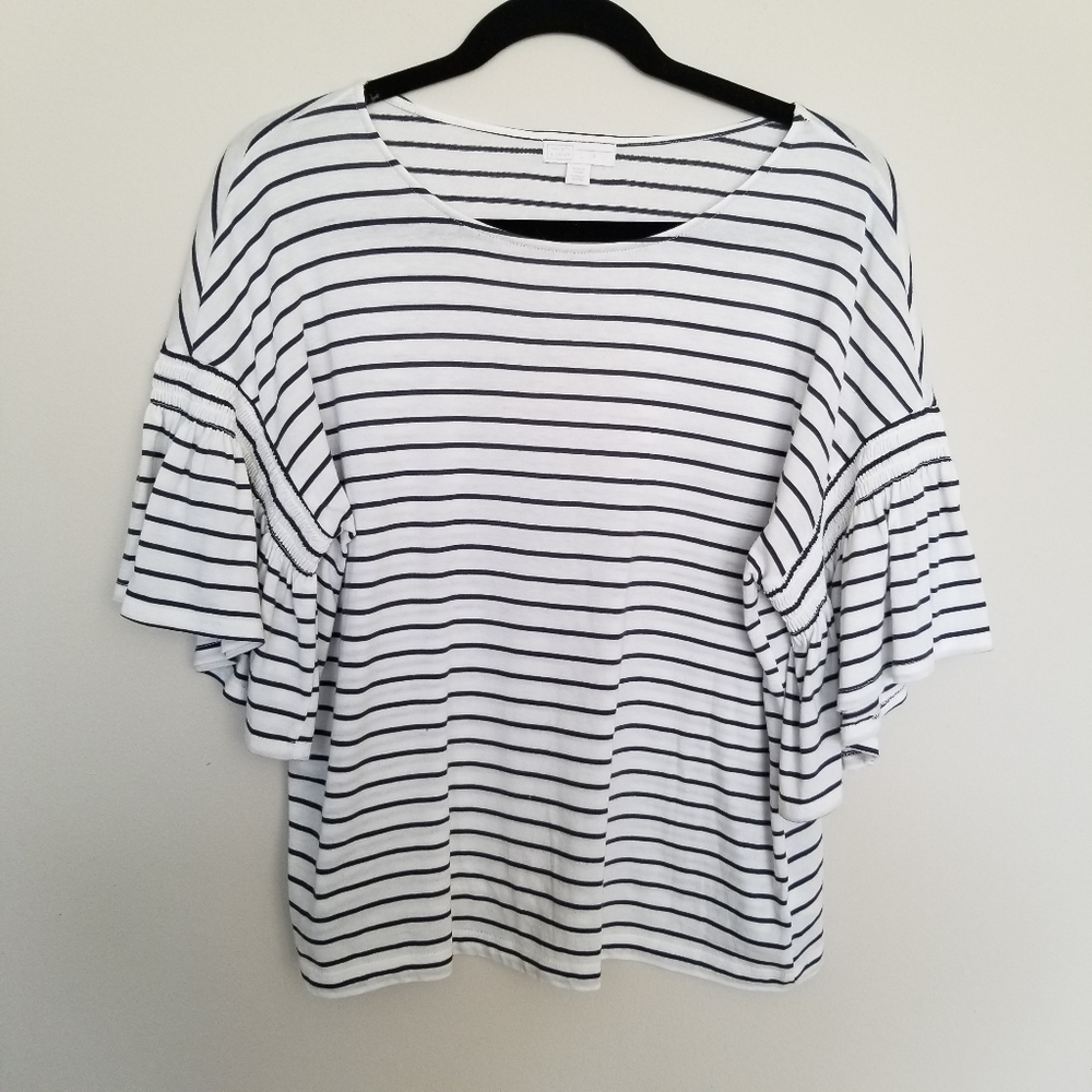 14th & Union white blue stripe ruffle sleeve S